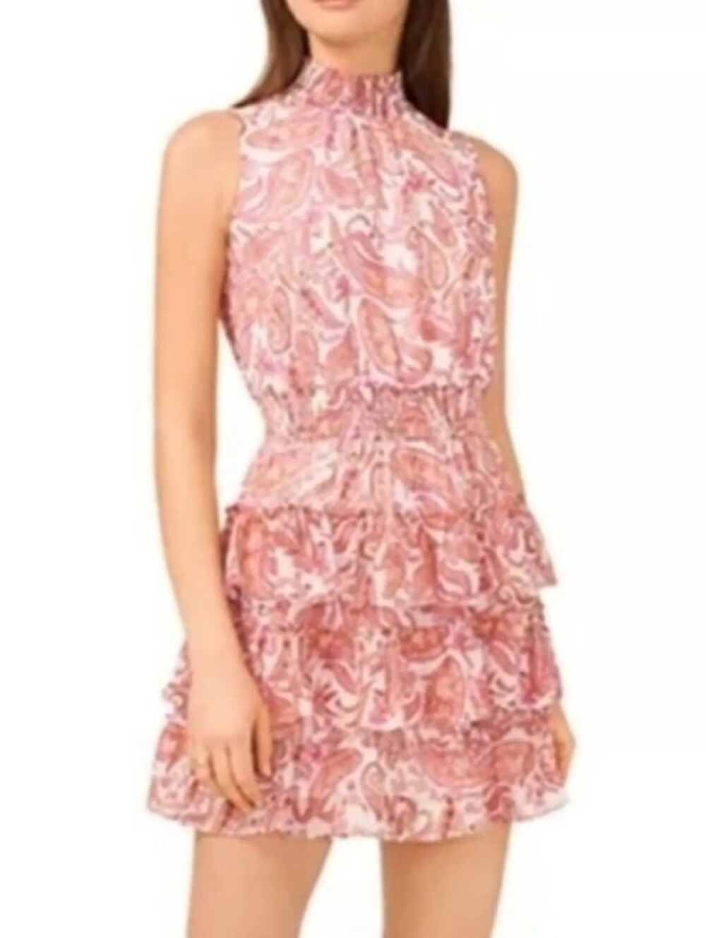 1 State  Pink Paisley Sleeveless Ruffle Tiered Mini Dress  Multi Medium